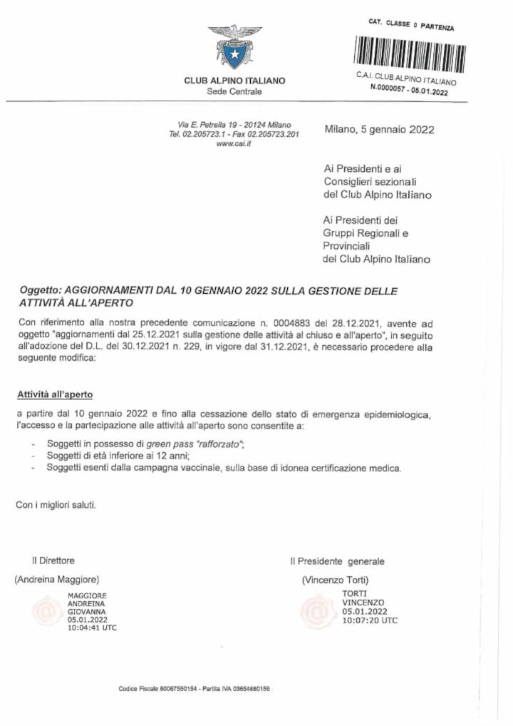 Comunicato del CAI per il Covid-19 Aggiornamento dal 10 gennaio 2022 sulla gestione delle attività all'aperto.